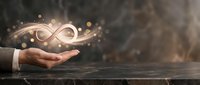 Businessman hand holding glowing infinity symbol with bokeh lights on dark wooden surface, representing endless possibilities and sustainable growth.