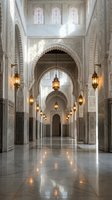 Ornate Islamic architecture hallway with intricate geometric patterns, horseshoe arches, hanging brass lanterns and polished marble floors creating elegant interior space.