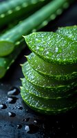 Fresh aloe vera leaves stacked with water drops on dark background, macro shot showing natural texture and healing properties for skincare and wellness.