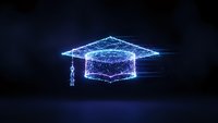 Digital graduation cap made of glowing blue particles and connecting lines on dark background representing online education and academic achievement.