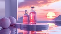 Pink glass bottles and spheres on round podium against dramatic sunset sky with orange sun reflecting in water, creating dreamy aesthetic atmosphere.