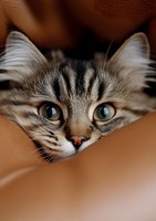 Close-up portrait of Maine Coon cat with striking green eyes peeking through brown fabric. Focused view shows detailed fur pattern and expressive feline gaze.