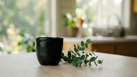 Black ceramic mug with fresh eucalyptus branch on wooden table in bright kitchen interior for home decor and lifestyle photography.
