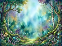 Enchanted forest clearing with ancient twisted trees, glowing magical lights, and mystical atmosphere for fantasy and children's book illustrations.