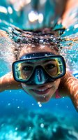 Young woman snorkeling underwater with diving mask in crystal clear blue water with bubbles and sunlight rays creating magical aquatic adventure scene.