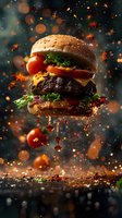 Levitating cheeseburger with melted cheese, fresh vegetables and sesame bun captured in dynamic splash moment with bokeh lights and dramatic atmosphere.