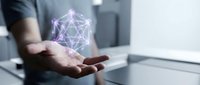 Professional businessman holding glowing purple network connection hologram in modern office environment showcasing digital transformation and connectivity.