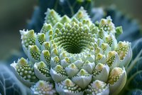 Macro photography of Romanesco broccoli showing intricate spiral pattern and fractal geometry in soft green tones against blurred background. Natural mathematical art.