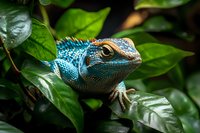 Vibrant blue lizard perched on green foliage in natural habitat. Reptile displays striking turquoise coloring and detailed scales. Wildlife photography.