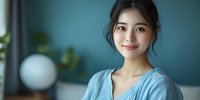 Young Asian woman in blue casual top smiling warmly at camera against teal wall background with decorative elements, natural daylight creating soft portrait ambiance.