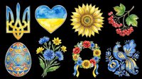 Watercolor Ukrainian symbols set isolated on transparent background, including trident, heart, sunflower, wreath, Easter egg, cornflowers, viburnum, and folk bird for clipart or print on demand.