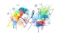 Female scientist with magnifying glass examining colorful chemical formulas and laboratory equipment in watercolor style for educational content.