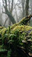 Moss-covered fallen log with ferns and fungi in misty forest creates serene woodland atmosphere for nature and environmental projects.