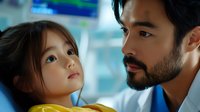 Asian male doctor in blue medical coat examining young female patient in hospital setting with modern medical equipment and blue tones in background.