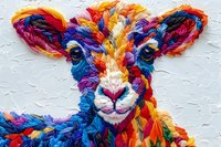 Vibrant multicolored sheep portrait with textured yarn-like appearance on white background, showcasing colorful fiber art technique.
