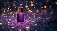 Purple glass dropper bottle with magical glowing sparkles and bokeh lights on dark background creates dreamy cosmetic product atmosphere.