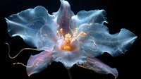 Ethereal glowing flower with luminous blue and golden energy waves, isolated on dark background, suitable for digital art, fantasy designs, and creative projects.