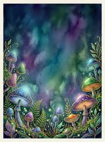 Enchanted forest scene with glowing mushrooms and botanical elements framing a mystical aurora sky, suitable for fantasy artwork, book illustrations, and magical themed designs.