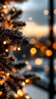Christmas tree branches with warm golden bokeh lights creating festive holiday atmosphere for seasonal decorations and winter celebrations.