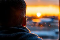 Young man watching vibrant orange sunset through window with bokeh lights creating dreamy atmosphere, back view silhouette in warm evening light.