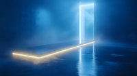 Glowing neon doorway and light path in dark misty space, mysterious portal with reflection on wet floor creates futuristic sci-fi atmosphere.