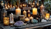 Mystical altar with glowing candles, crystal quartz points, amethyst clusters, and gemstones arranged on textured table for spiritual rituals and meditation.