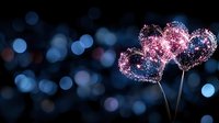 Magical glowing heart shapes made of sparkles and light trails against dark blue bokeh background, romantic Valentine's day concept for greeting cards.
