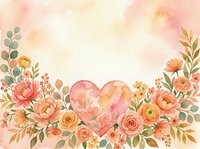 Watercolor floral background with a pink heart surrounded by peach roses, peonies, and greenery, perfect for Valentine cards and invitations.