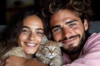 Young multiethnic couple lying in bed with fluffy cat between them, smiling at camera. Natural morning light creates warm intimate atmosphere for lifestyle and pet photography.
