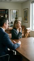 Professional business meeting with mature Caucasian businesswoman and male colleague discussing strategy in modern office conference room setting.