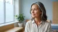 Mature woman with gray hair looking thoughtfully out window in bright modern office space with plants and natural lighting for business concepts.