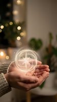 Hands holding glowing compass rose symbol with magical light effect, surrounded by blurred warm bokeh lights and potted plants in cozy interior setting.