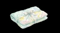 Watercolor folded quilted baby blanket with pastel colors and ribbon bow, isolated on transparent background, ready for stickers, clipart, and print on demand.