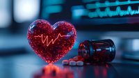 Red glowing heart with heartbeat pulse line next to prescription medication bottle and pills on blue medical background with ECG monitor waves.