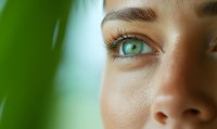 Close-up view of bright green eye with long eyelashes against soft blurred background with natural green leaf elements creating peaceful beauty atmosphere.