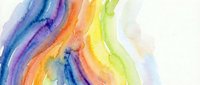 Vibrant watercolor rainbow waves flowing across white background with soft blended colors creating abstract artistic pattern for creative projects.
