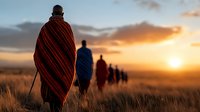 Maasai warriors walking in line at sunset through savanna grasslands, silhouetted figures wrapped in traditional red and blue shukas against dramatic golden sky.