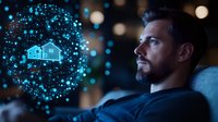Caucasian man with beard visualizing glowing blue smart home hologram, side view profile against dark background with bokeh lights and digital particles.