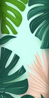 Tropical monstera and palm leaves in green and blush pink create modern minimalist composition on mint background. For phone wallpaper and social media design.
