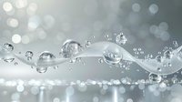 Transparent water drops and bubbles floating in wave pattern against soft gray bokeh background, creating dynamic flow movement. Fresh and clean concept.