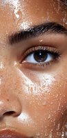 Close-up of brown eye with water drops on glowing skin, showing natural lashes and defined eyebrow. Artistic beauty photography highlighting hydrated, dewy complexion.