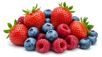 Fresh mixed berries pile with strawberries, blueberries and raspberries isolated on white background, healthy food concept.