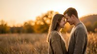Young couple sharing intimate moment in golden sunset field with warm autumn light creating romantic atmosphere for wedding or engagement photography.
