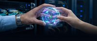 Two hands holding glowing digital globe with holographic network connections, representing global technology, data transfer, and worldwide business communication in modern server environment.