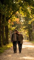 Young couple walking together on tree-lined path during golden autumn season with warm sunlight filtering through colorful fall foliage creating romantic atmosphere.