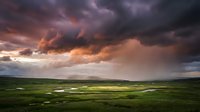 Dramatic storm clouds cast golden and purple hues over expansive green valley landscape with scattered water pools during sunset, conveying weather and nature themes.