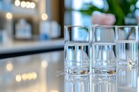 Crystal clear shot glasses lined up on reflective surface with soft bokeh lights in background, creating elegant atmosphere for beverage and hospitality industry.