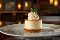 Classic vanilla cheesecake topped with whipped cream and fresh mint leaf on white plate, soft restaurant lighting creates warm ambiance and appetizing glow.