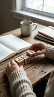 Hands arranging wooden motivation blocks with inspirational words on rustic desk beside open book and steaming coffee cup by window for goal setting.