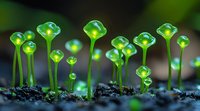 Luminescent mushrooms glowing in dark forest soil, magical green fungi sprouting from earth with ethereal bioluminescent caps creating mystical woodland scene.